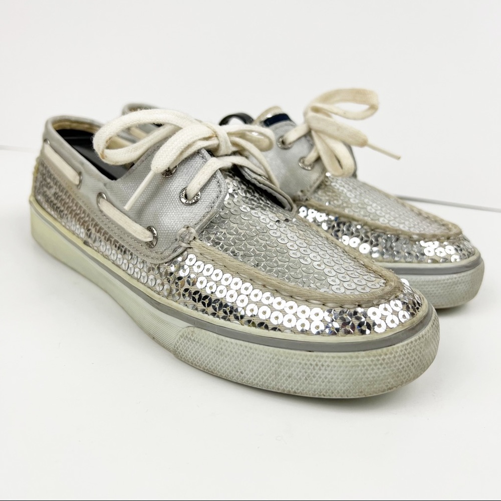 Sperry TopSider Silver Sequin Boat Shoes Size 6.5